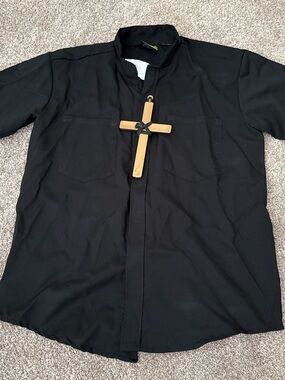 Black Clerical Shirt with Mandarin Collar - Men Jackets & Coats